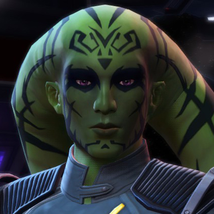 Ru'lonn, a green-skinned Twi'lek with extensive black tattoos.